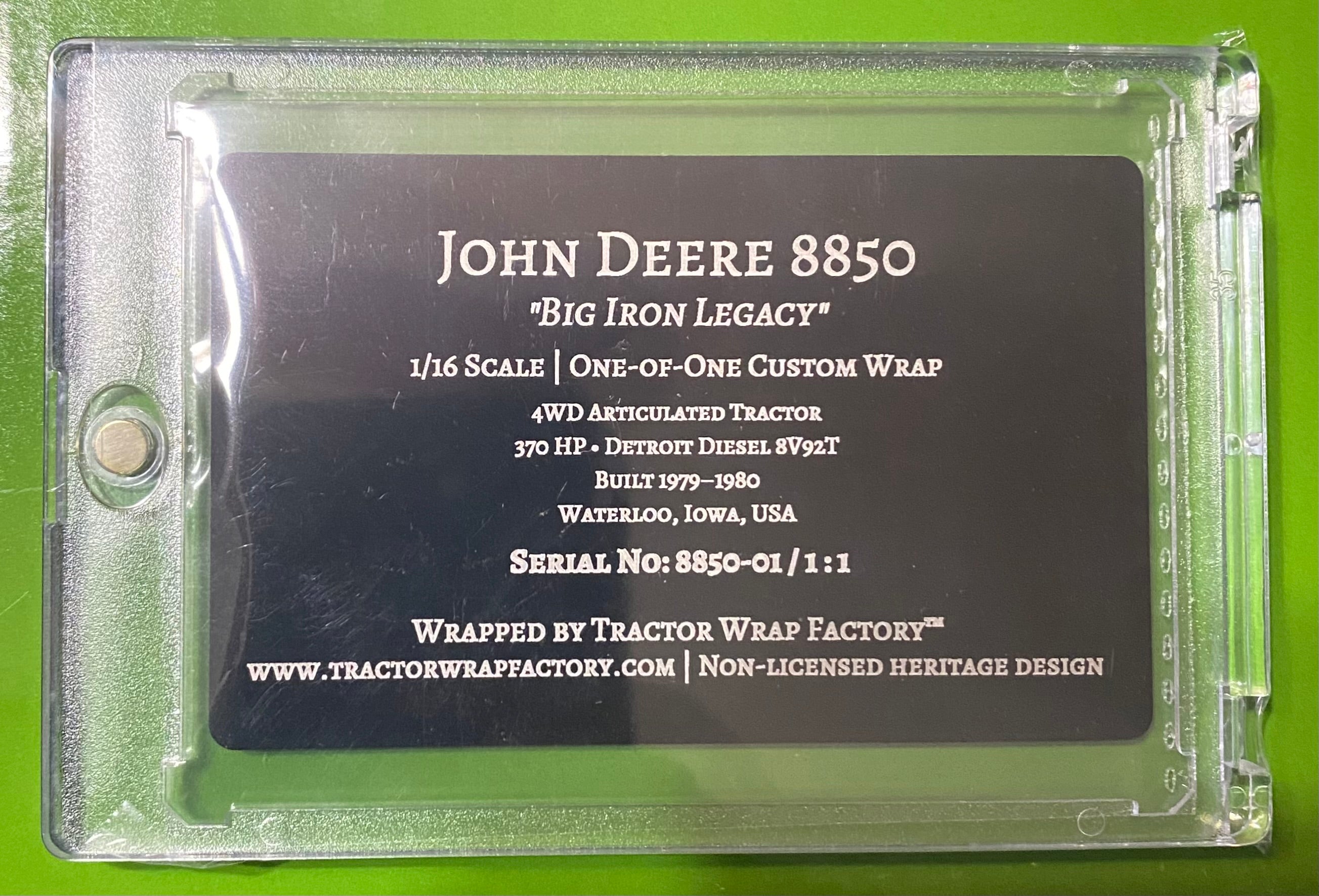 1/16 John Deere 8850 Prestige – “Big Iron Legacy” Custom Engraved Wrap w/Collector Card - Tractor Wrap Factory